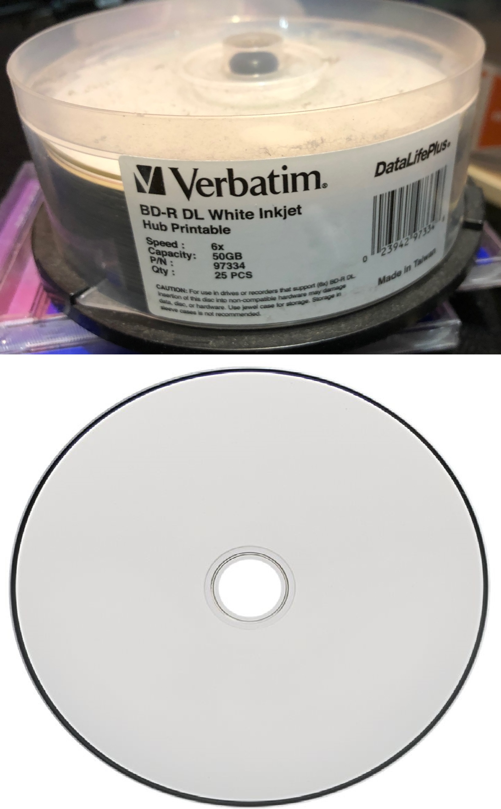 Verbatim BD-R DL 50GB 6X DataLifePlus White Inkjet Printable 25pk Spindle Hub Printable 